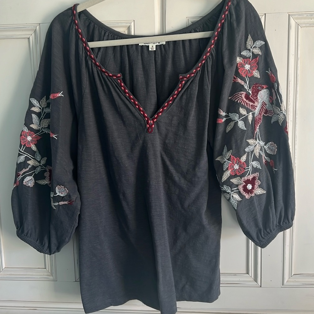 Solitaire Charcoal Gray Embroidered Peasant Top with Red Floral Detail